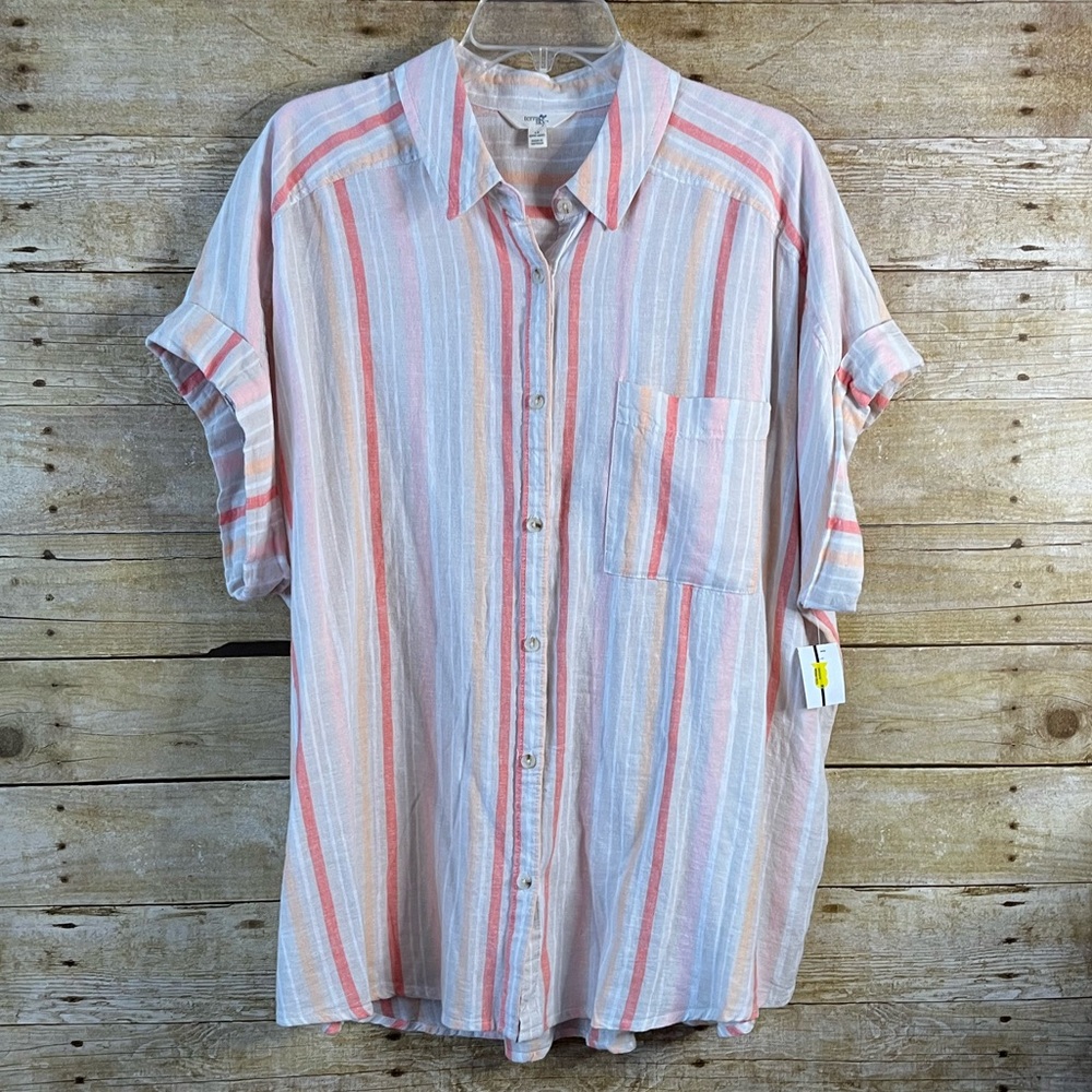 Terra & Sky Women’s Short Sleeve Button Blouse Shirt Multi Stripe Size 1X NWT